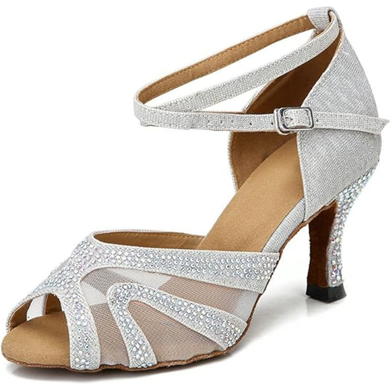 DS Women's Sparkling Glitter Mesh Customized Heel Ballroom Dance Shoes Latin Dance Shoes