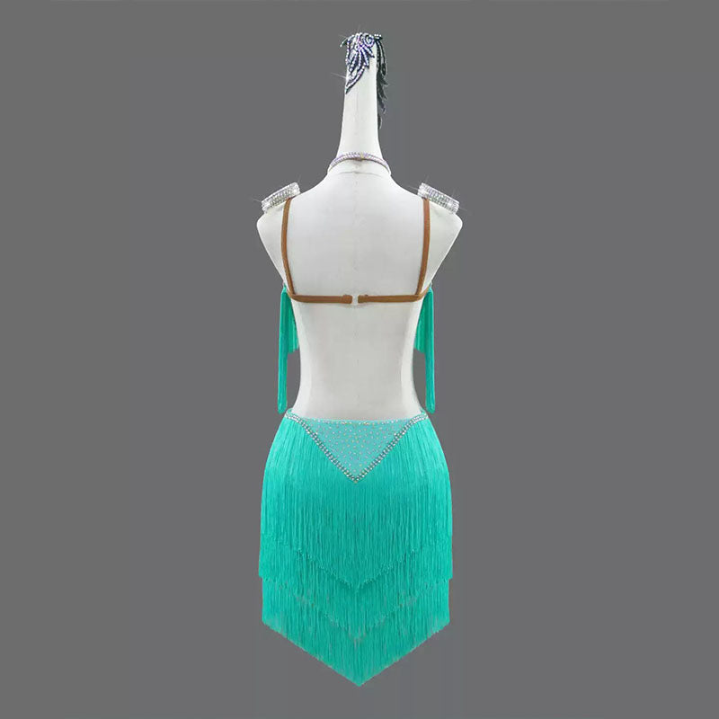 Customisable-Women's MintCream Tassel Latin Dance Dress Professional Dance Stage Performance Wear