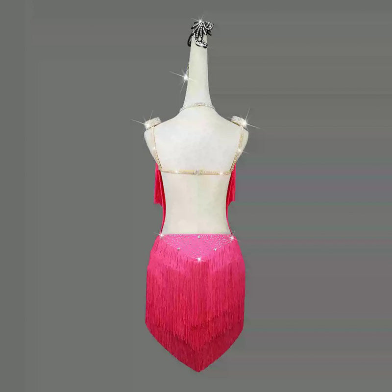 Customisable-Women's Pink Tassel Latin Dance Dress Professional Dance Stage Performance Wear
