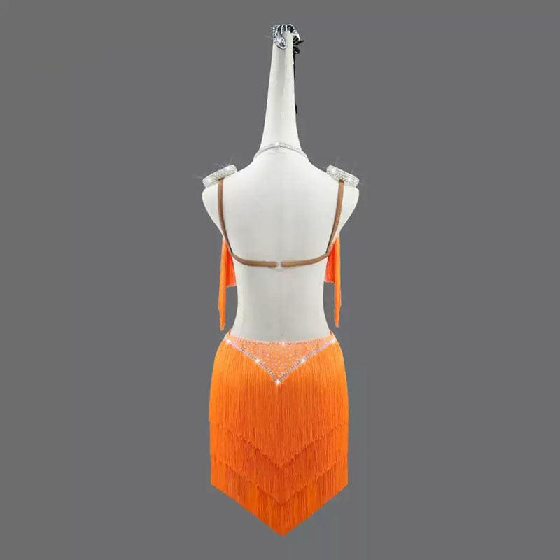 Customisable-Women's Orange Tassel Latin Dance Dress Professional Dance Stage Performance Wear