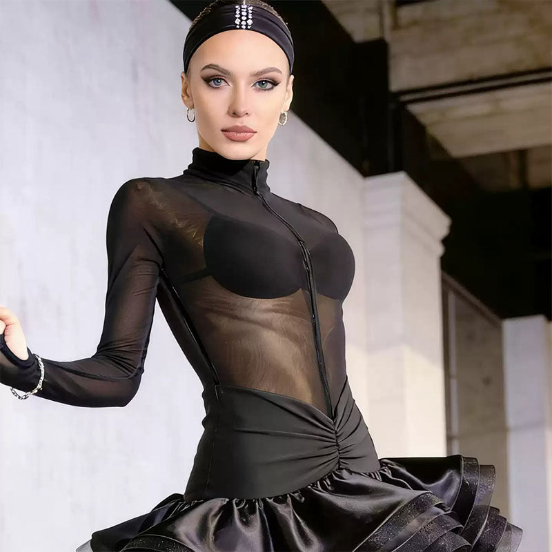 YJFY Women's Black Mesh Latin Dance Dress Dance Wear Training Performance Dress (With Bra And Headband)