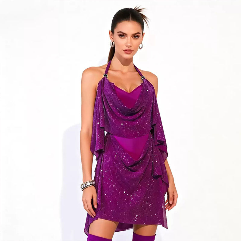 YJFY Women's Fuchsia Mesh Latin Dance Dress Dance Wear Training Performance Dress