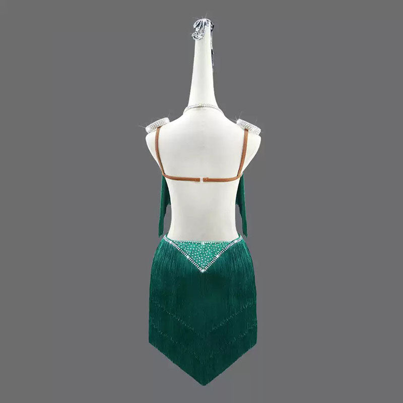 Customisable-Women's Green Tassel Latin Dance Dress Professional Dance Stage Performance Wear