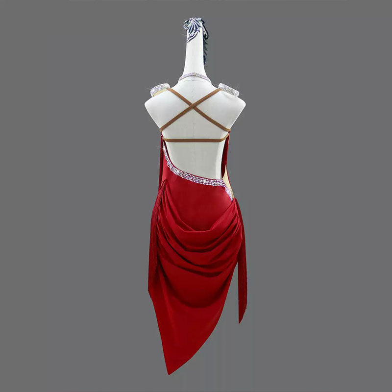 Customisable-Women's Red Tassel Latin Dance Dress Professional Dance Stage Performance Wear