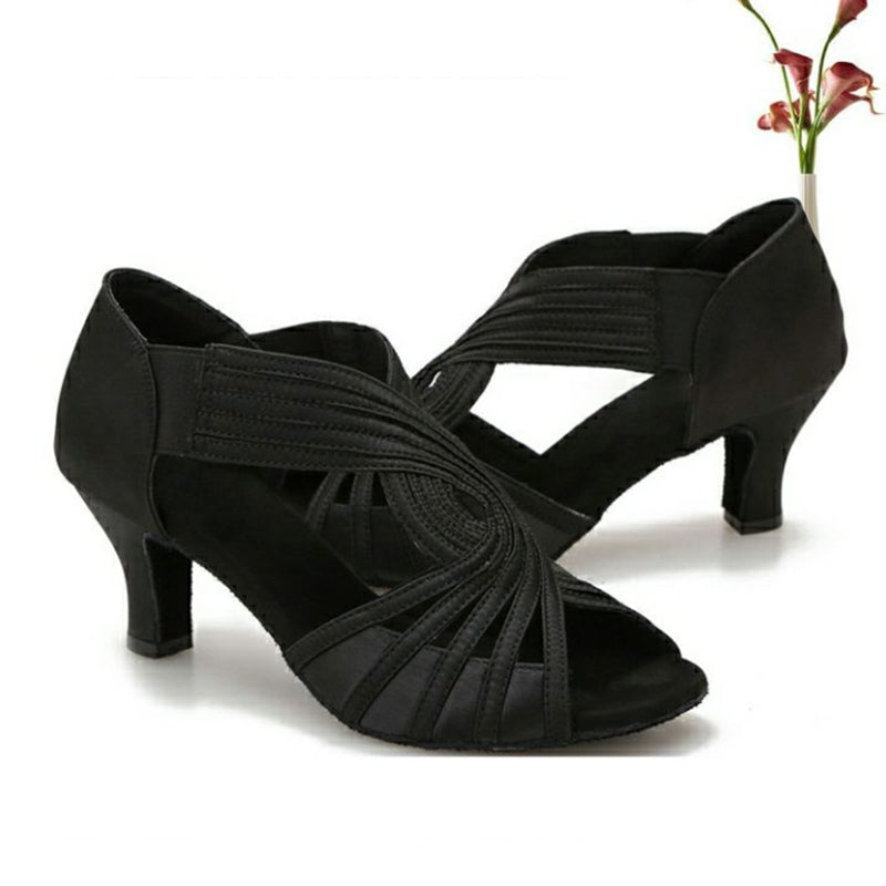 Women's Black Customized Heels Satin Strappy Dance Shoes