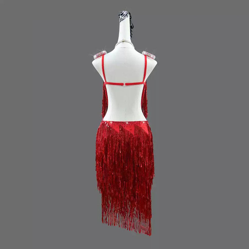 Customisable-Women's Red Tassel Latin Dance Dress Professional Dance Stage Performance Wear