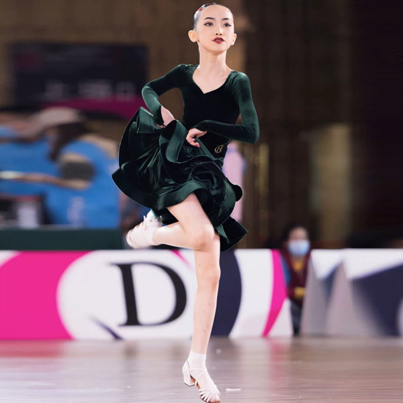 HC Girl's Long Sleeve Training Performance Latin Dance Dress Dance Wear