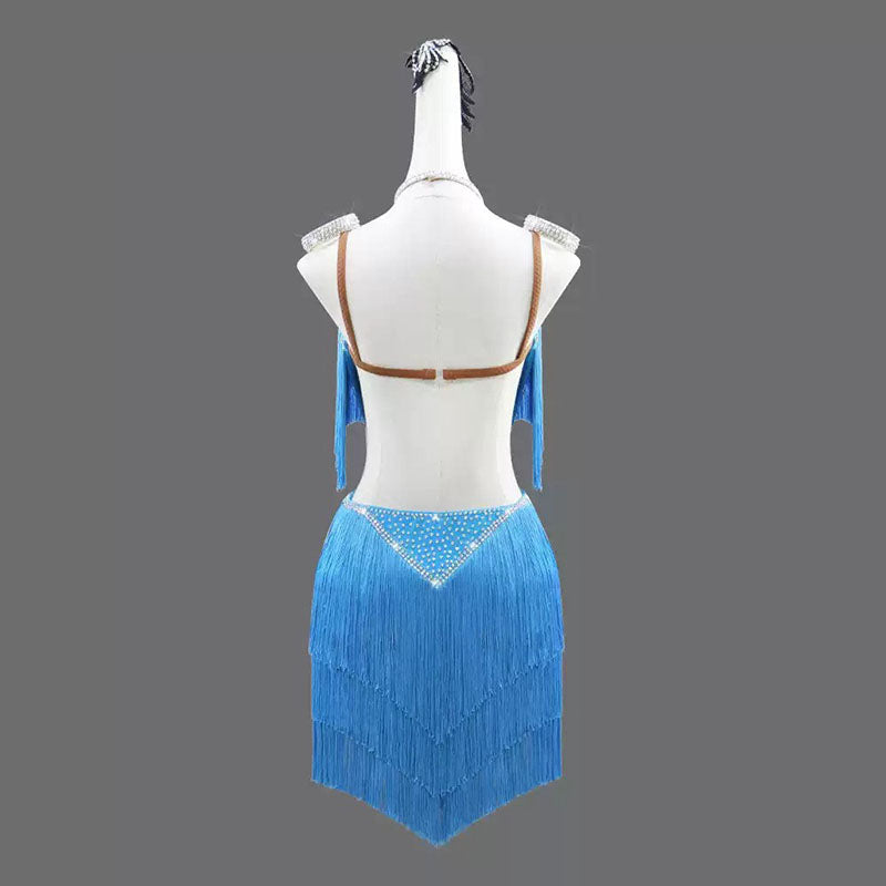 Customisable-Women's Light Blue Tassel Latin Dance Dress Professional Dance Stage Performance Wear
