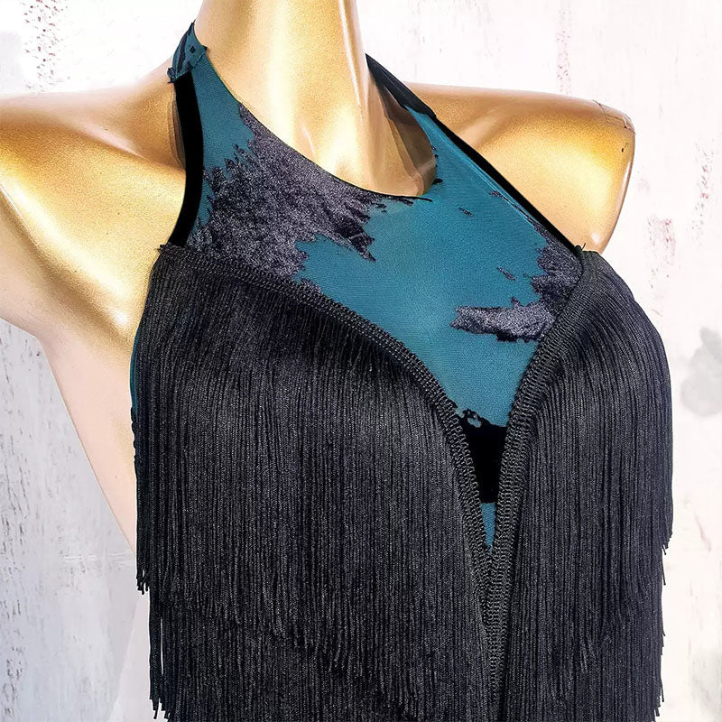 YJFY Women's Black Tassel Latin Dance Dress Dance Wear Training Performance Dress