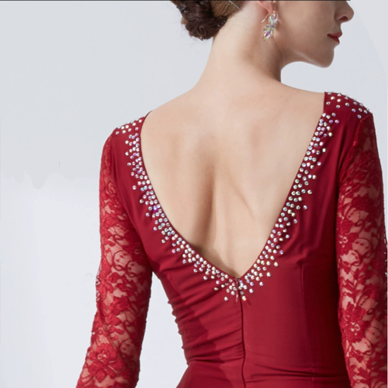 YUN Customisable-Women's Long Sleeve V-neck Backless Diamonds Waltz Modern Ballroom Dance Dress Competition Dresses