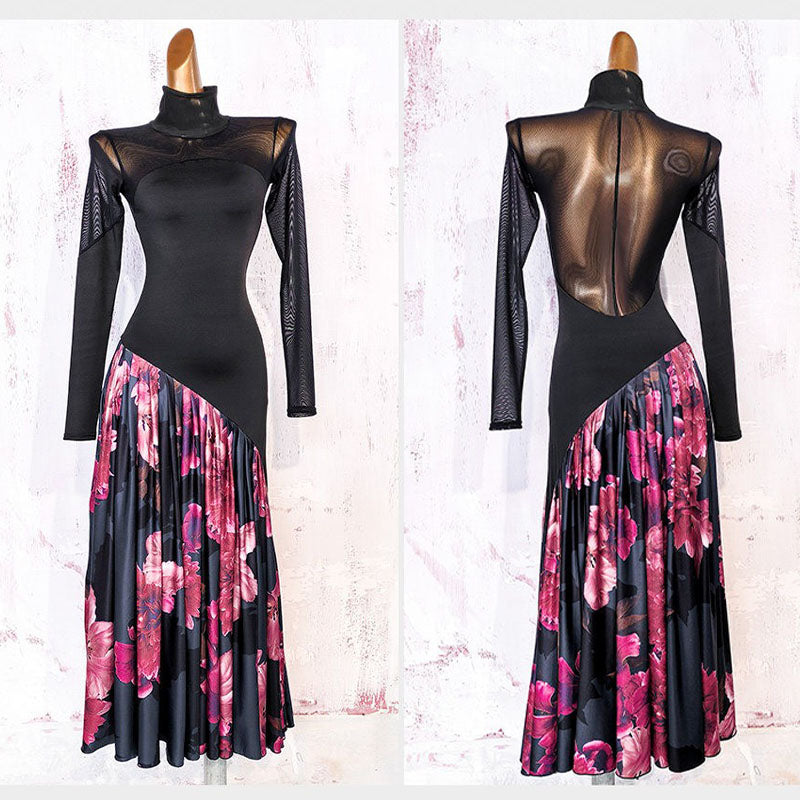 YJFY Women's Black Mesh Latin Dance Dress Dance Wear Training Performance Dress