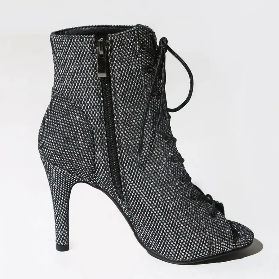 Women's Black 7.5cm/10cm  Slim Heel Rubber Sole Leatherette Jazz Shoes Open Toe Dance Heels Boots
