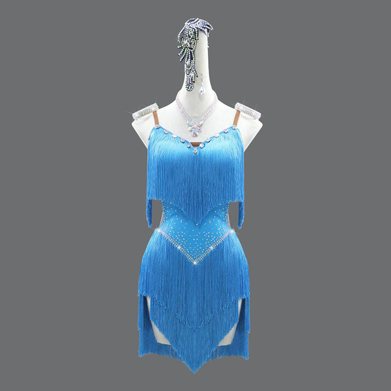 Customisable-Women's Light Blue Tassel Latin Dance Dress Professional Dance Stage Performance Wear