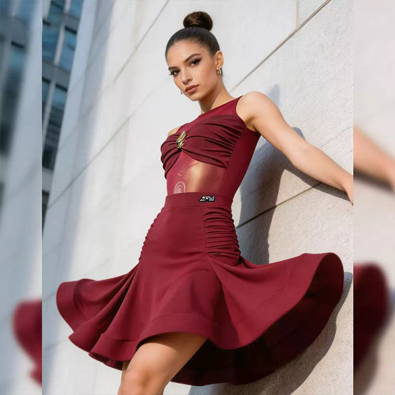 YJFY Women's Dark Red Latin Dance Sets Dance Wear Training Performance Dress Sets(Without Golves)