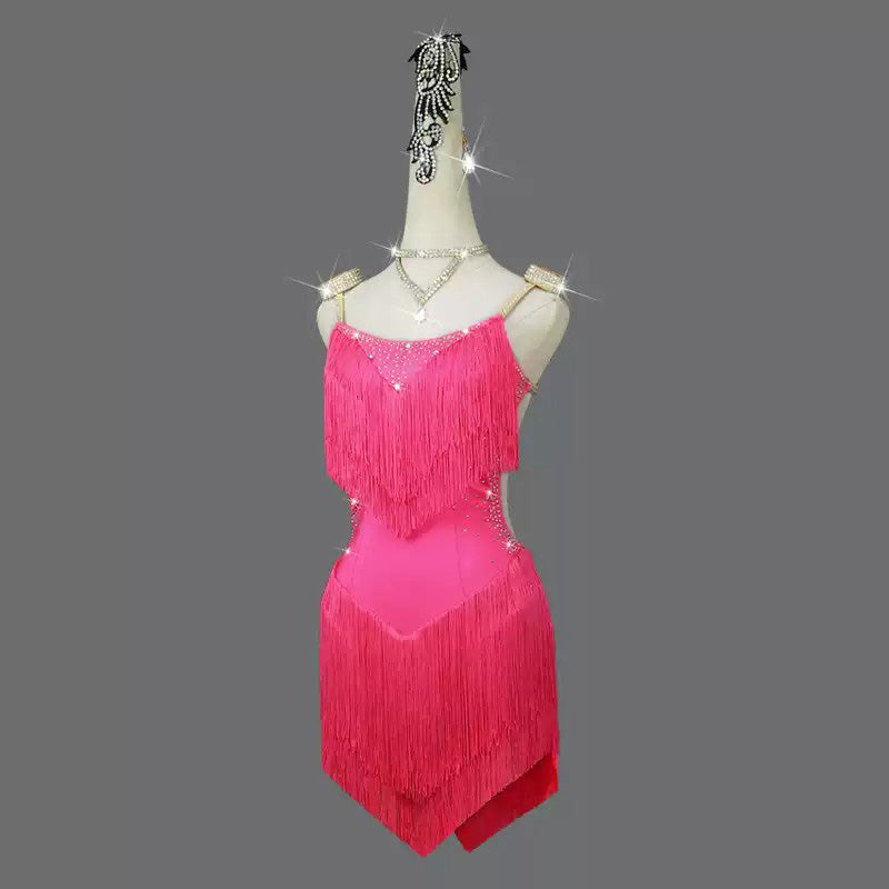 Customisable-Women's Pink Tassel Latin Dance Dress Professional Dance Stage Performance Wear