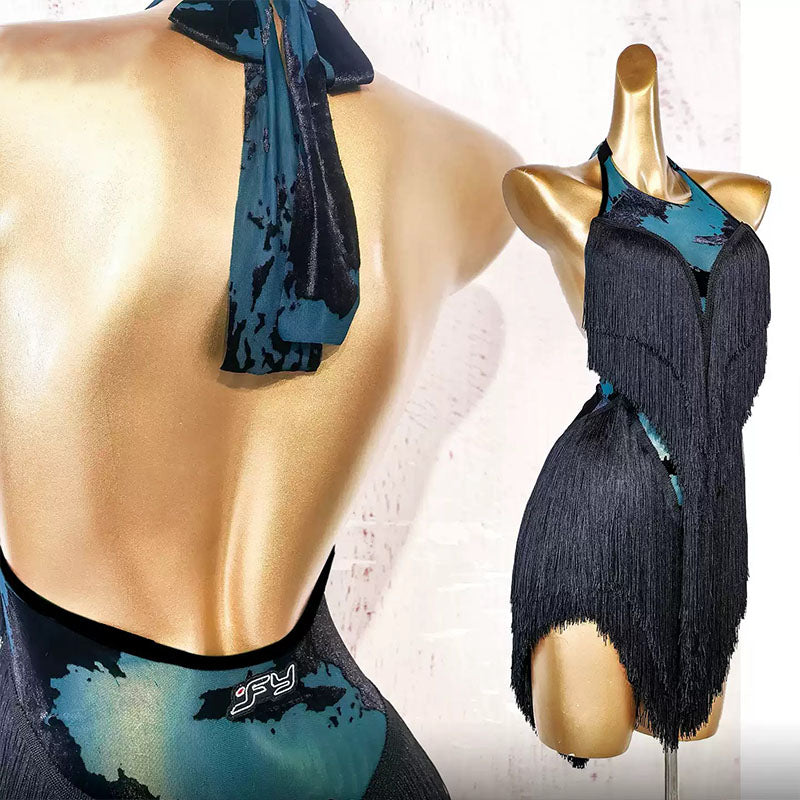 YJFY Women's Black Tassel Latin Dance Dress Dance Wear Training Performance Dress