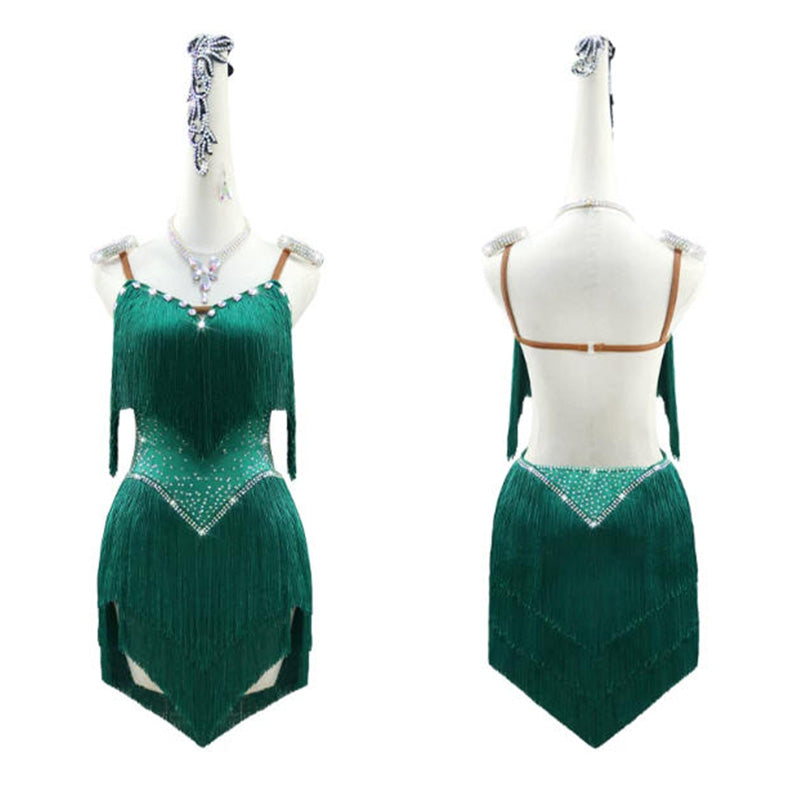 Customisable-Women's Green Tassel Latin Dance Dress Professional Dance Stage Performance Wear