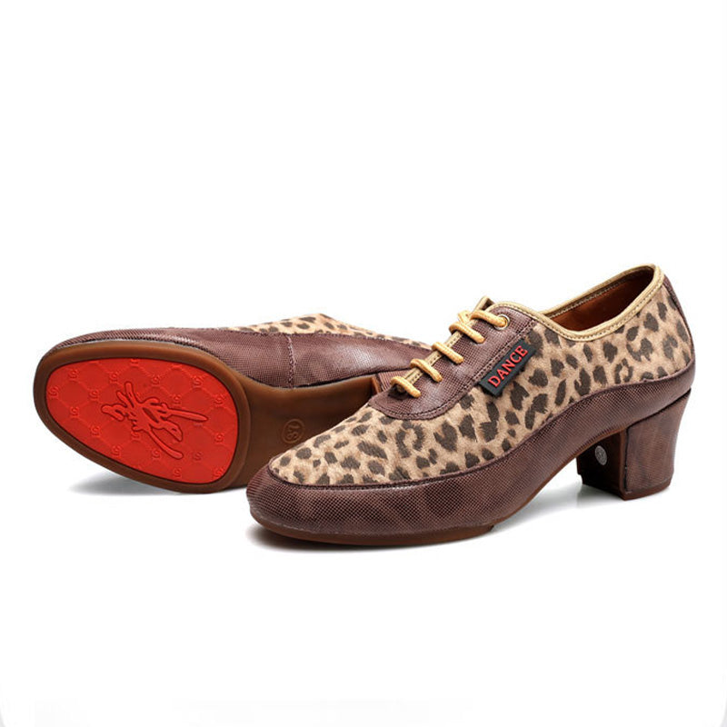KCDANCE Women's Leopard Print Leatherette 5cm Heel Modem With Lace-up Teaching & Practice Dance Shoes Ballroom Dance Shoes