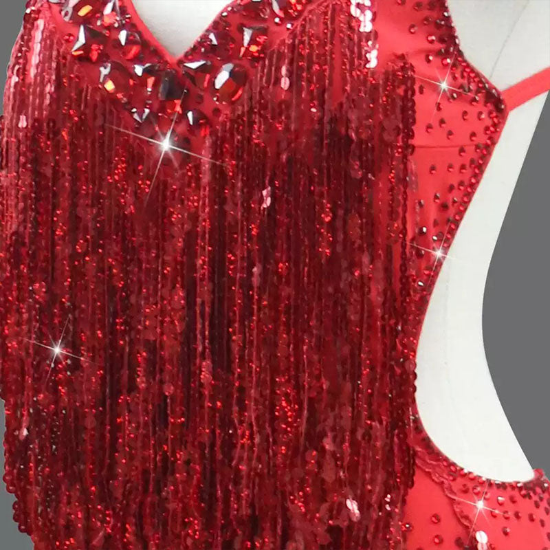 Customisable-Women's Red Tassel Latin Dance Dress Professional Dance Stage Performance Wear
