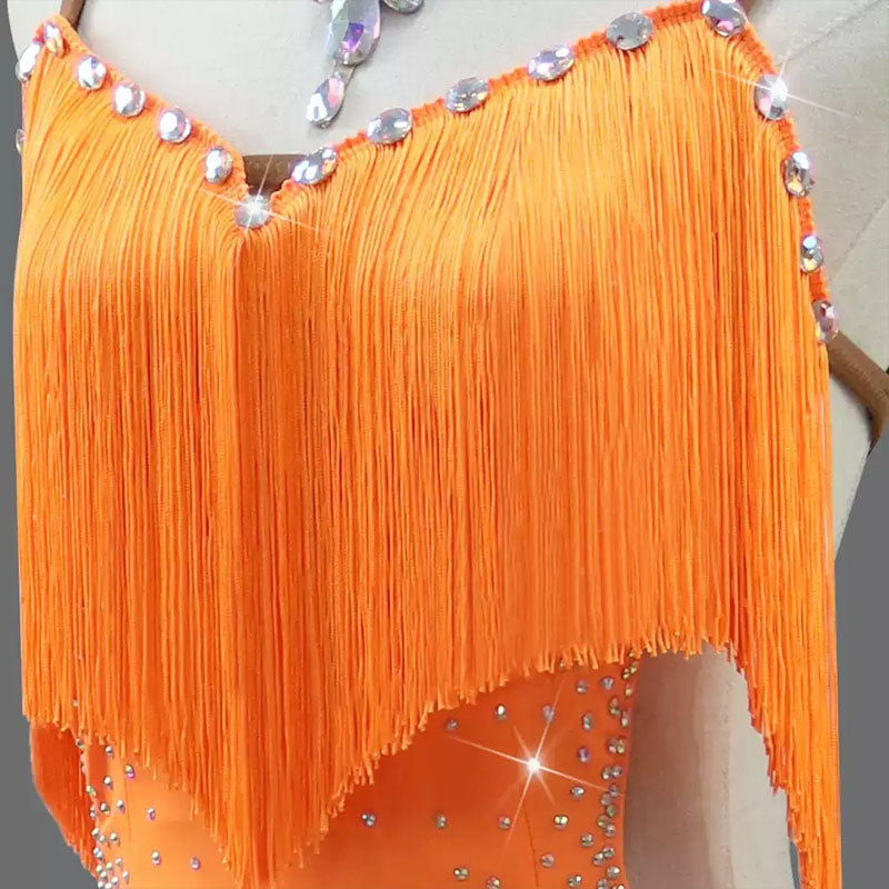 Customisable-Women's Orange Tassel Latin Dance Dress Professional Dance Stage Performance Wear