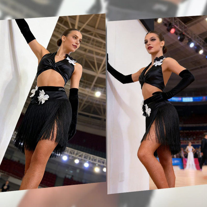 YJFY Women's Black Tassel Latin Dance Sets Dance Wear Training Performance Dress Sets (With Flower And Long Gloves)