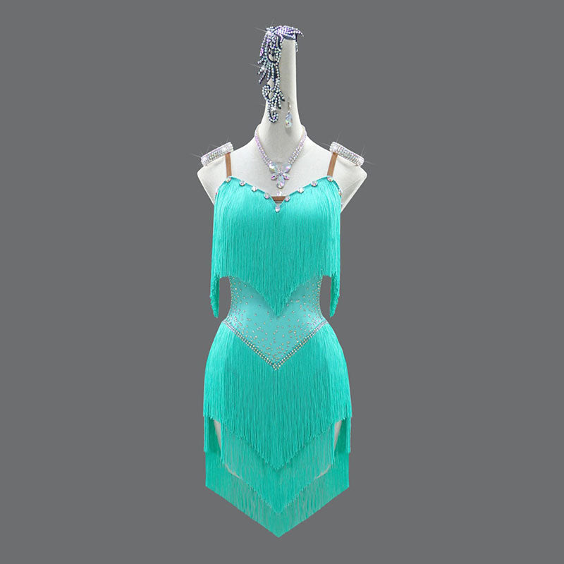 Customisable-Women's MintCream Tassel Latin Dance Dress Professional Dance Stage Performance Wear
