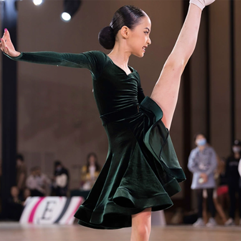 HC Girl's Long Sleeve Training Performance Latin Dance Dress Dance Wear