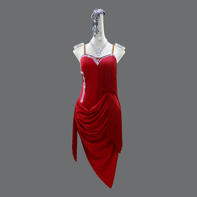 Customisable-Women's Red Tassel Latin Dance Dress Professional Dance Stage Performance Wear