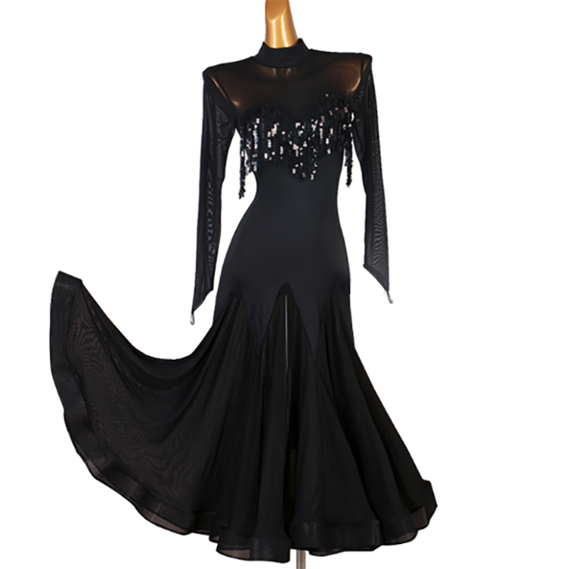 Customisable-Women's Black Long Sleeve Modern Dance Performance Dress Ballroom Dance Dress