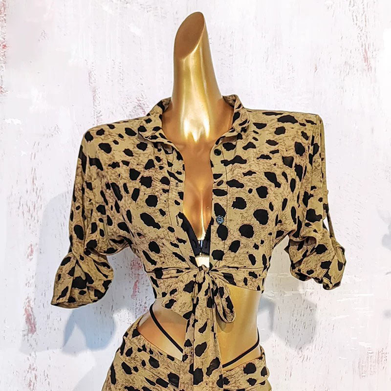 YJFY Women's Leopard Tassel Latin Dance Sets Dance Wear Training Performance Dress Sets (With Bra)
