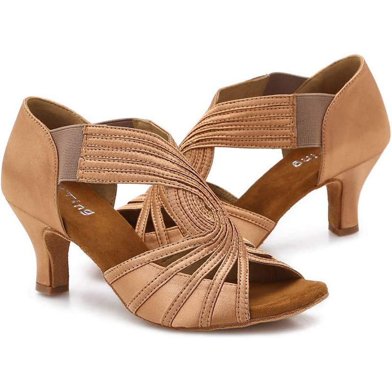 Women's Brown Customized Heels Satin Strappy Dance Shoes