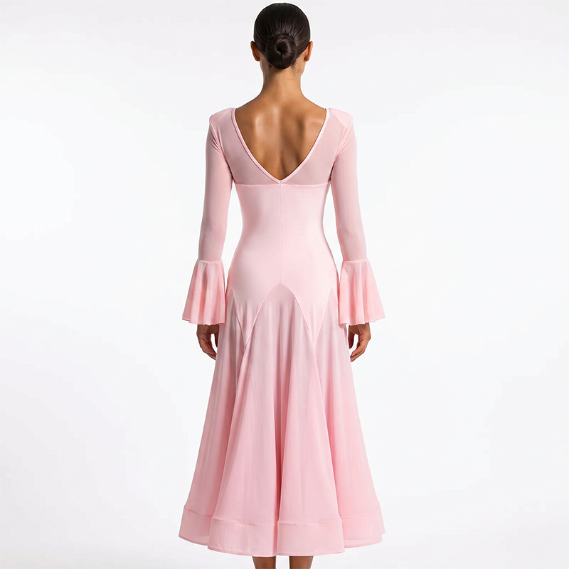 Customisable-Women's Pink V-neck Long Sleeve DanceWear Ballroom Dance Dress