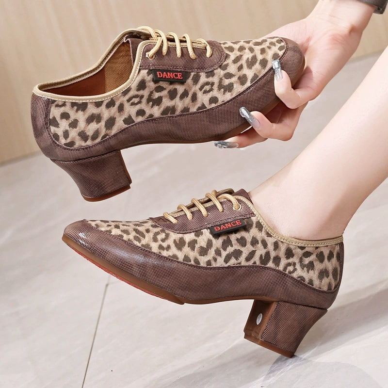 KCDANCE Women's Leopard Print Leatherette 5cm Heel Modem With Lace-up Teaching & Practice Dance Shoes Ballroom Dance Shoes