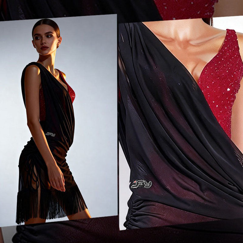 YJFY Women's Black Mesh Tassel Latin Dance DressDance Wear Training Performance Dress