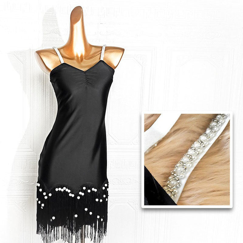 YJFY Women's Black Spaghetti Strap Tassel Latin Dance Dress Dance Wear Training Performance Dress(With Black Flower)
