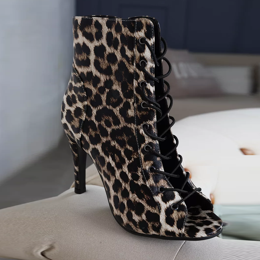 AJ Women's Leopard 10cm Heel Rubber Sole Leatherette Jazz Shoes Open Toe Dance Heels Boots