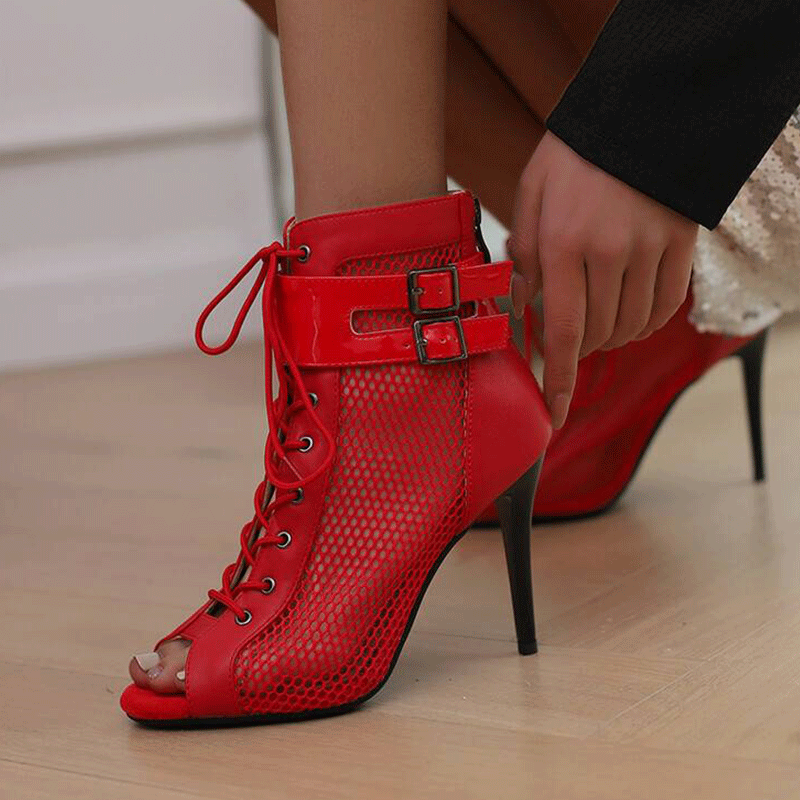 AJ Women's 10 cm Heel Rubber Sole Leatherette Jazz Shoes Open Toe Dance Heels Boots