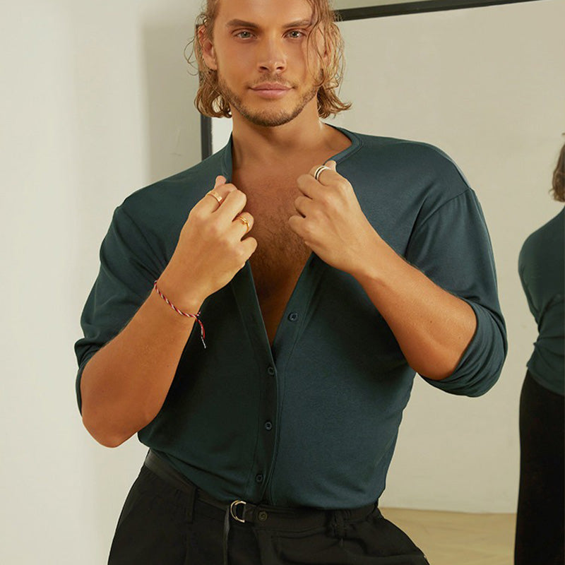 Z Men's Long Sleeve V Neck Latin Dance Tops Dance Wear