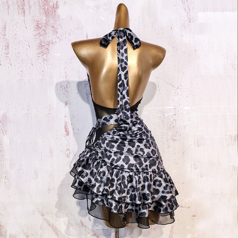 YJFY Women's Leopard Backless Latin Dance Dress Dance Wear Training Performance Dress(Without Gloves)