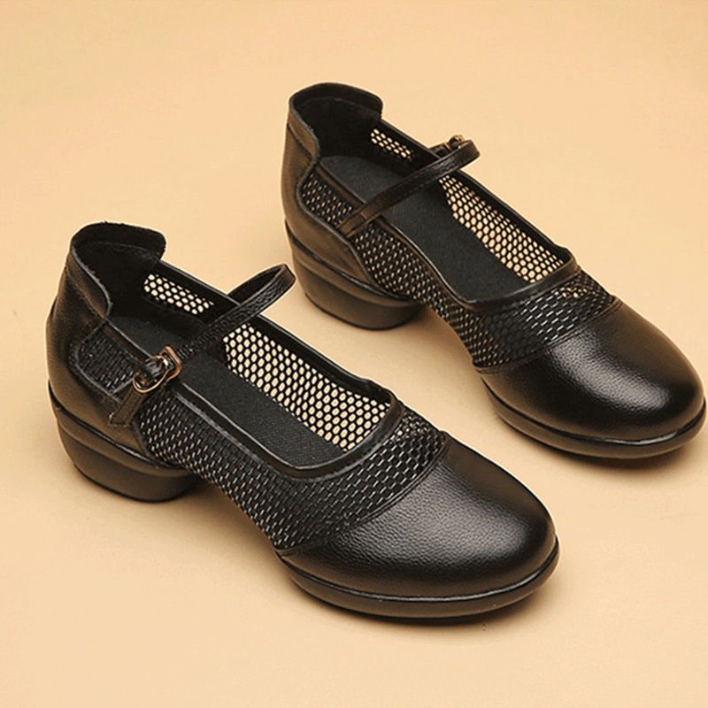 Women's Leather Mesh Lace-up 4cm Heel Dance Sneakers Practice Dance Shoes Jazz Dance