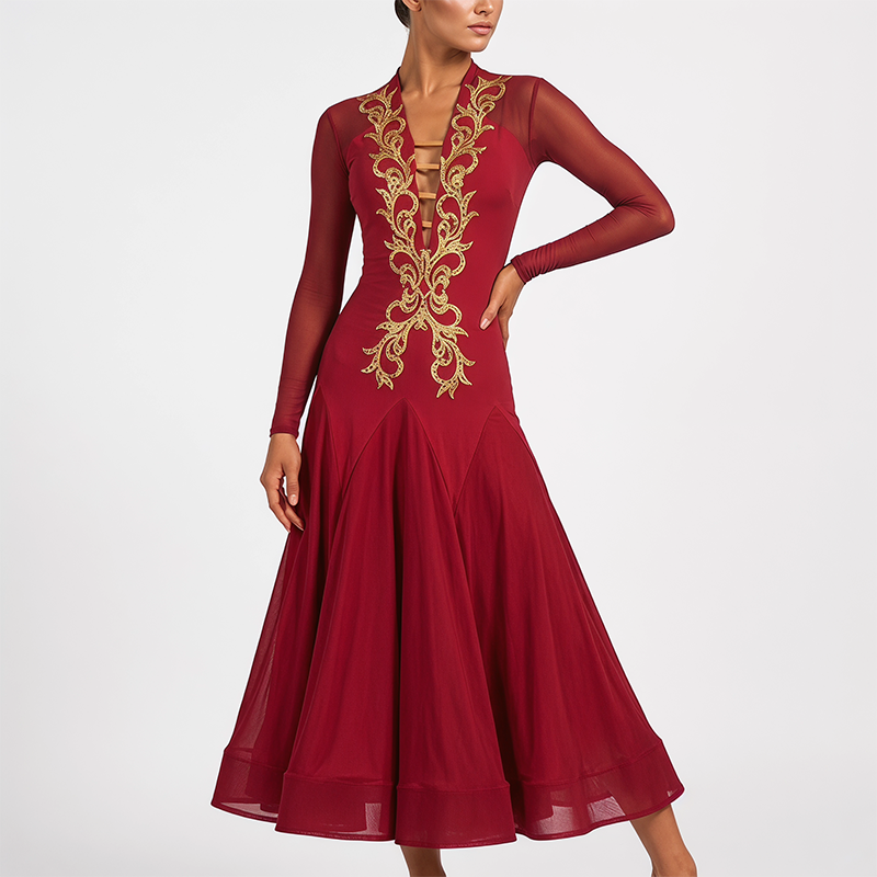 Customisable-Women's Red V-neck Long Sleeve DanceWear Ballroom Dance Dress