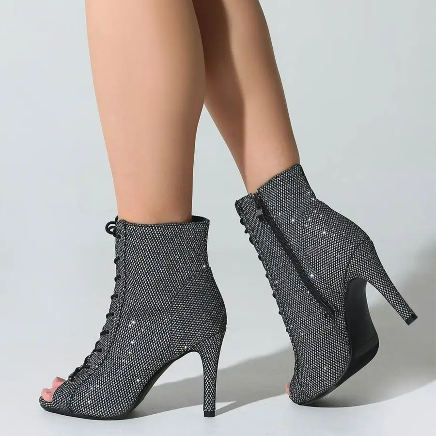 Women's Black 7.5cm/10cm  Slim Heel Rubber Sole Leatherette Jazz Shoes Open Toe Dance Heels Boots