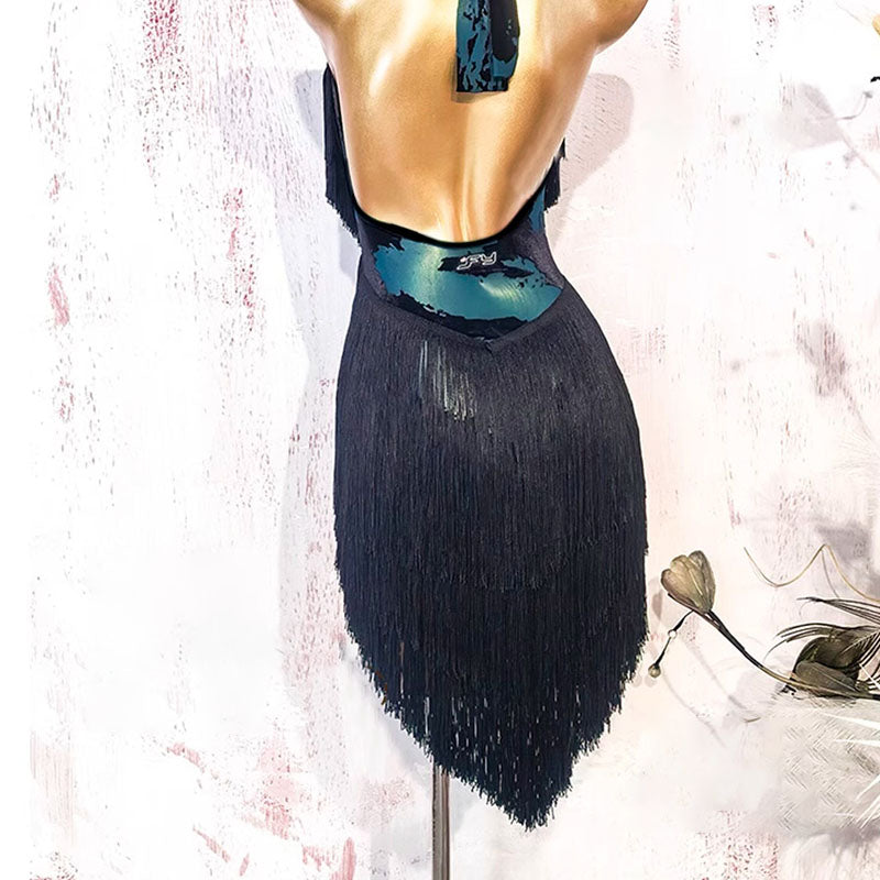 YJFY Women's Black Tassel Latin Dance Dress Dance Wear Training Performance Dress