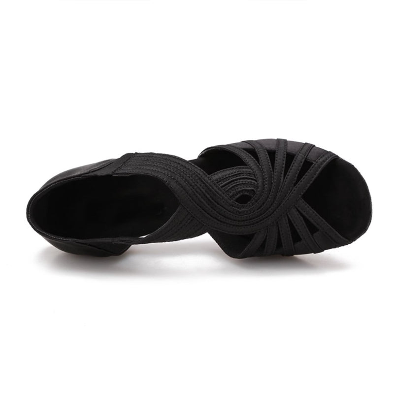 Women's Black Customized Heels Satin Strappy Dance Shoes