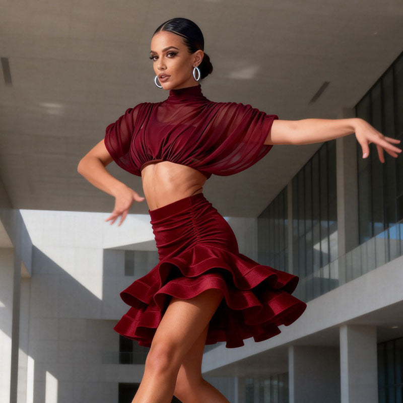 YJFY Women's Dark Red Latin Dance Sets Dance Wear Training Performance Dress Sets