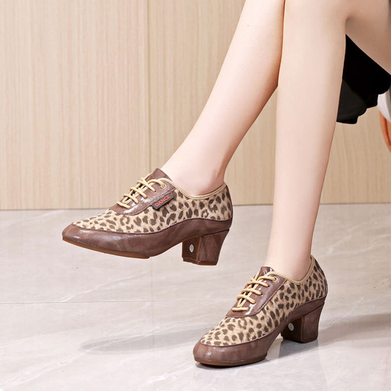 KCDANCE Women's Leopard Print Leatherette 5cm Heel Modem With Lace-up Teaching & Practice Dance Shoes Ballroom Dance Shoes