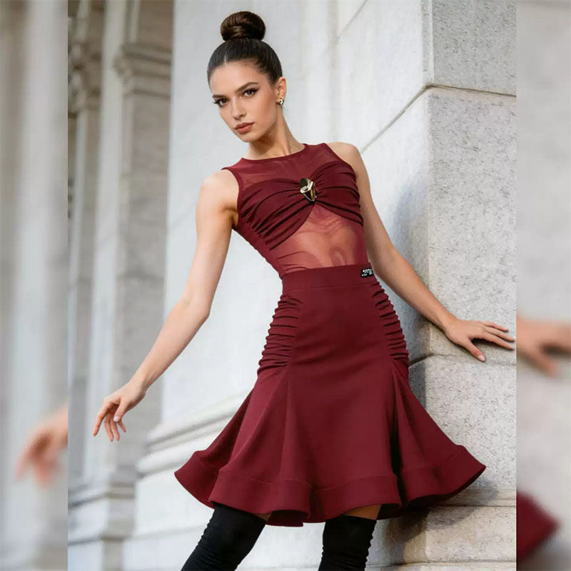 YJFY Women's Dark Red Latin Dance Sets Dance Wear Training Performance Dress Sets(Without Golves)