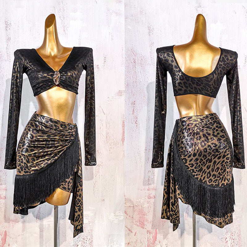 YJFY Women's Leopard Tassel Latin Dance Skirt Dance Wear Training Performance Skirts