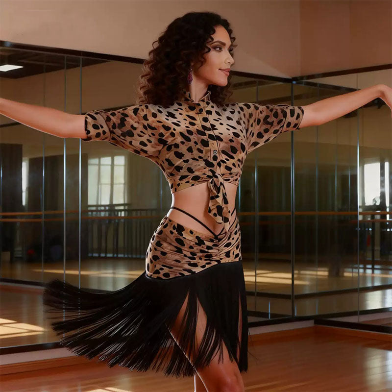 YJFY Women's Leopard Tassel Latin Dance Sets Dance Wear Training Performance Dress Sets (With Bra)