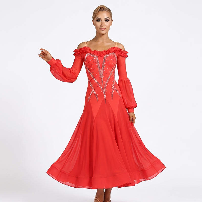 Customisable-Women's Red Long Sleeve DanceWear Ballroom Dance Dress